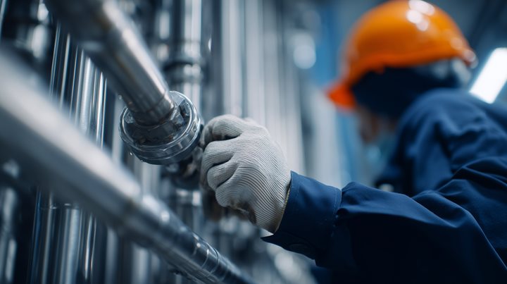 Ingenieurhand mit Handschuh dreht Ventil an Edelstahlrohren.a